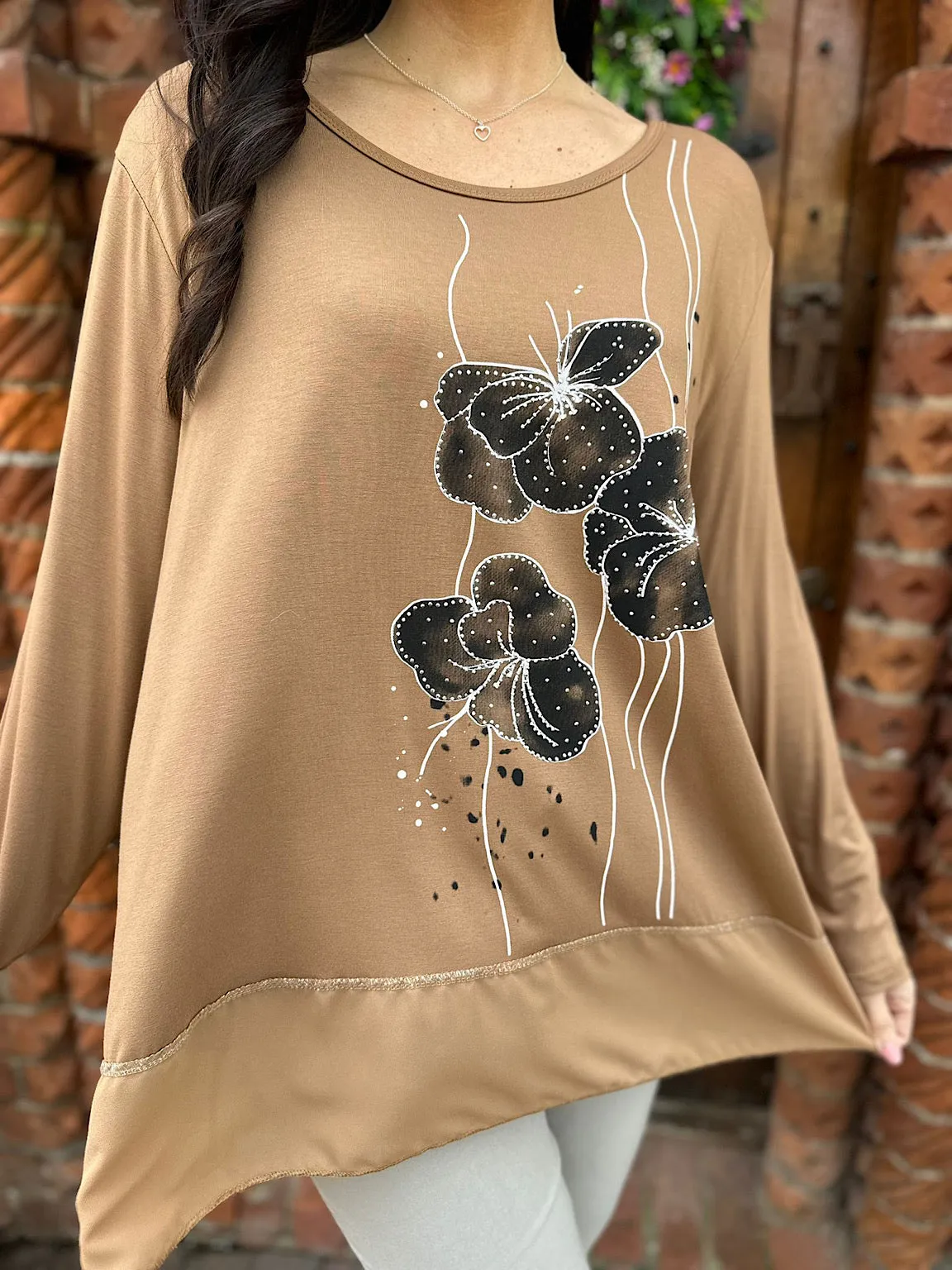 Tan Diamante Floral Chiffon Hem Top Delia