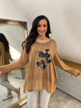 Tan Diamante Floral Chiffon Hem Top Delia