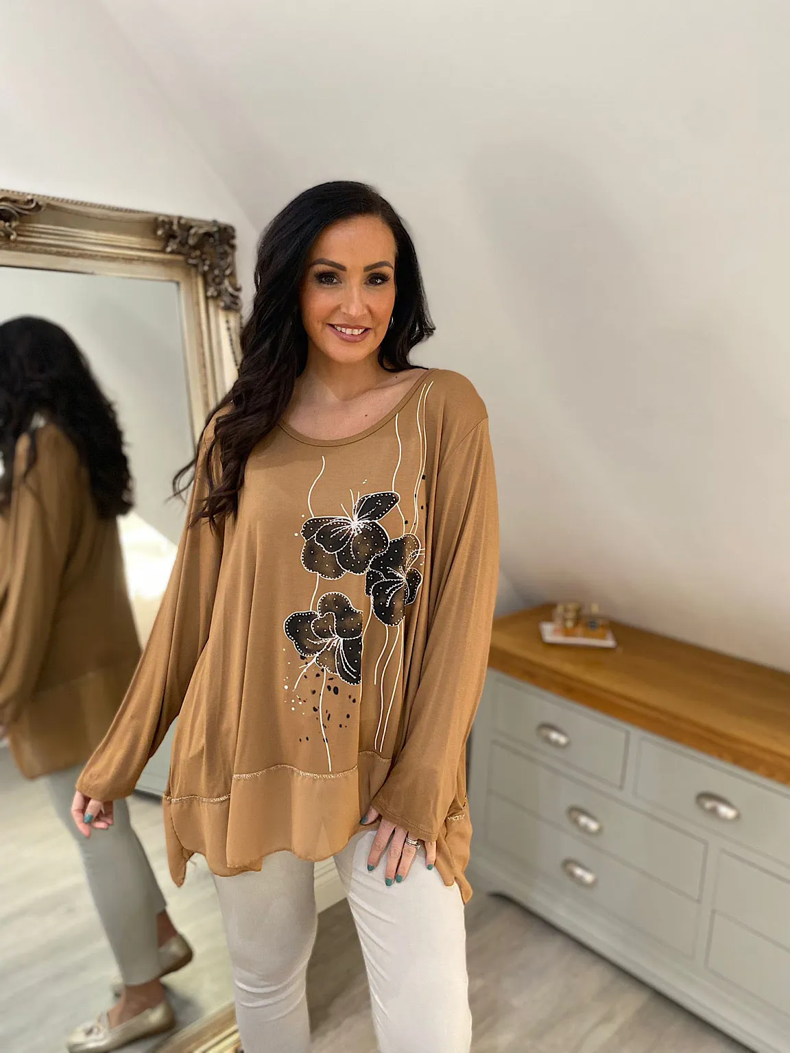 Tan Diamante Floral Chiffon Hem Top Delia