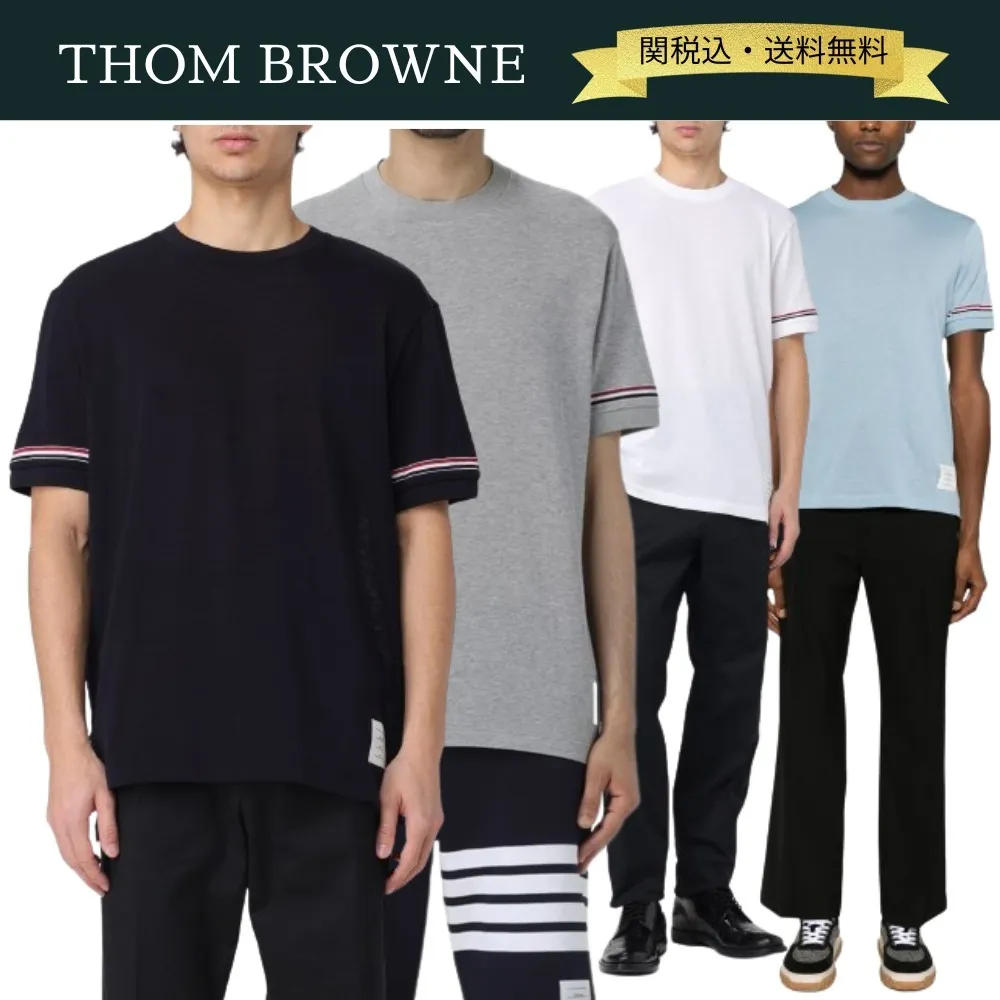 THOM BROWNE  |Crew Neck Pullovers Stripes Street Style Plain Cotton