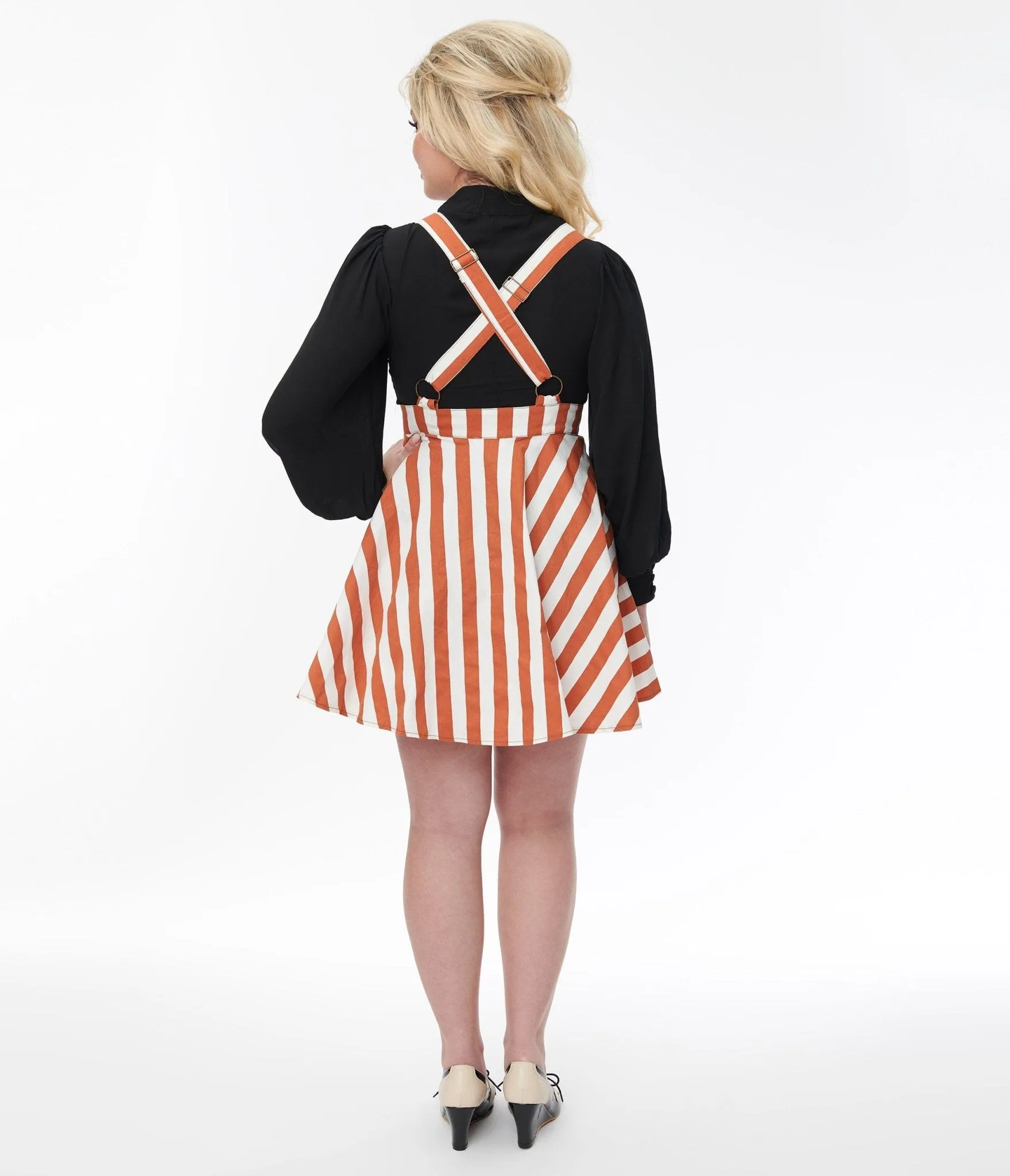 Unique Vintage Burnt Orange & White Stripe Snap Front Pinafore