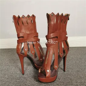 Unique Women's Brown Cut-outs Patchwork Thin High Heels on Clearance