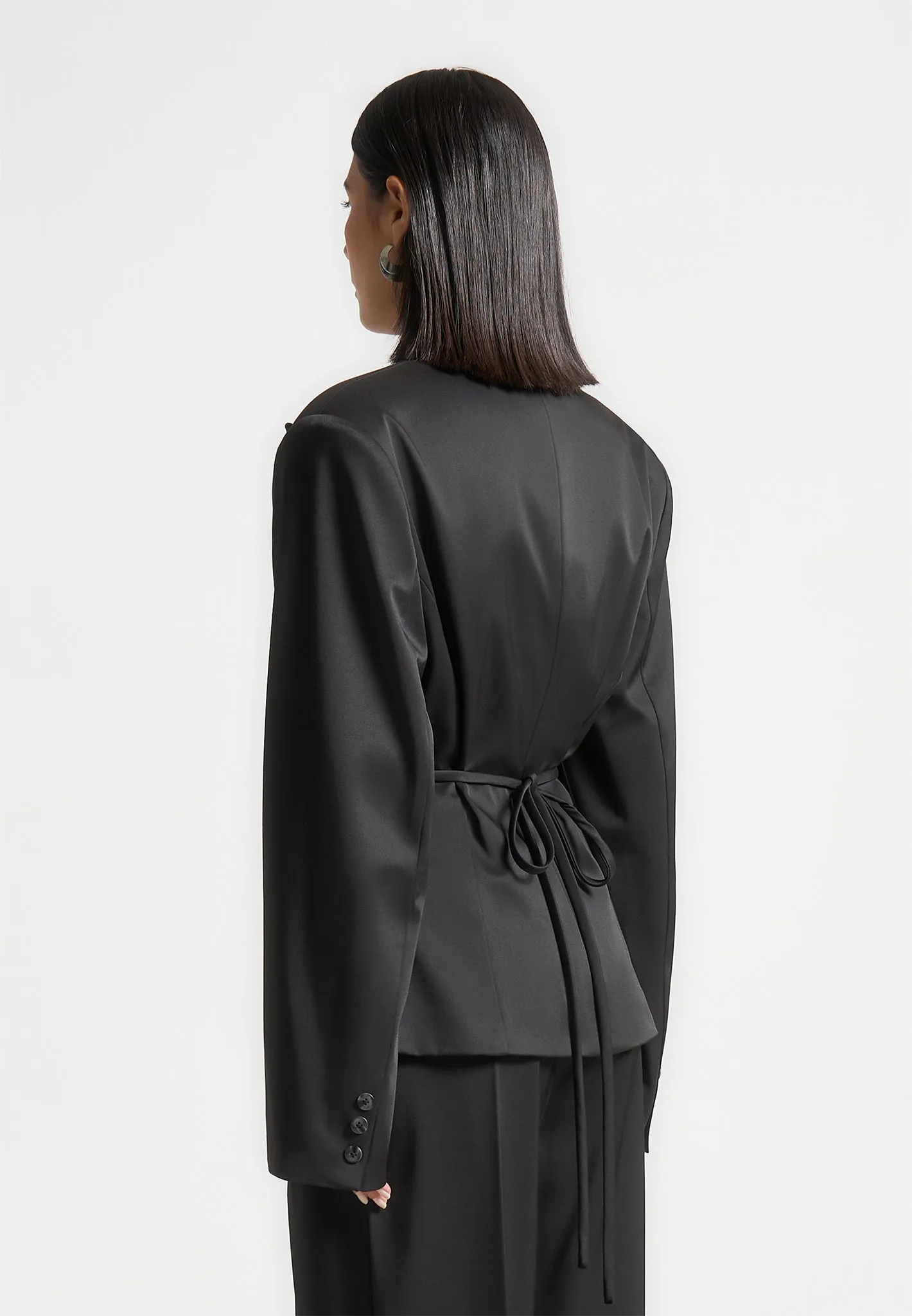 Wide Shoulder Sateen Blazer with Twin Belt - Black