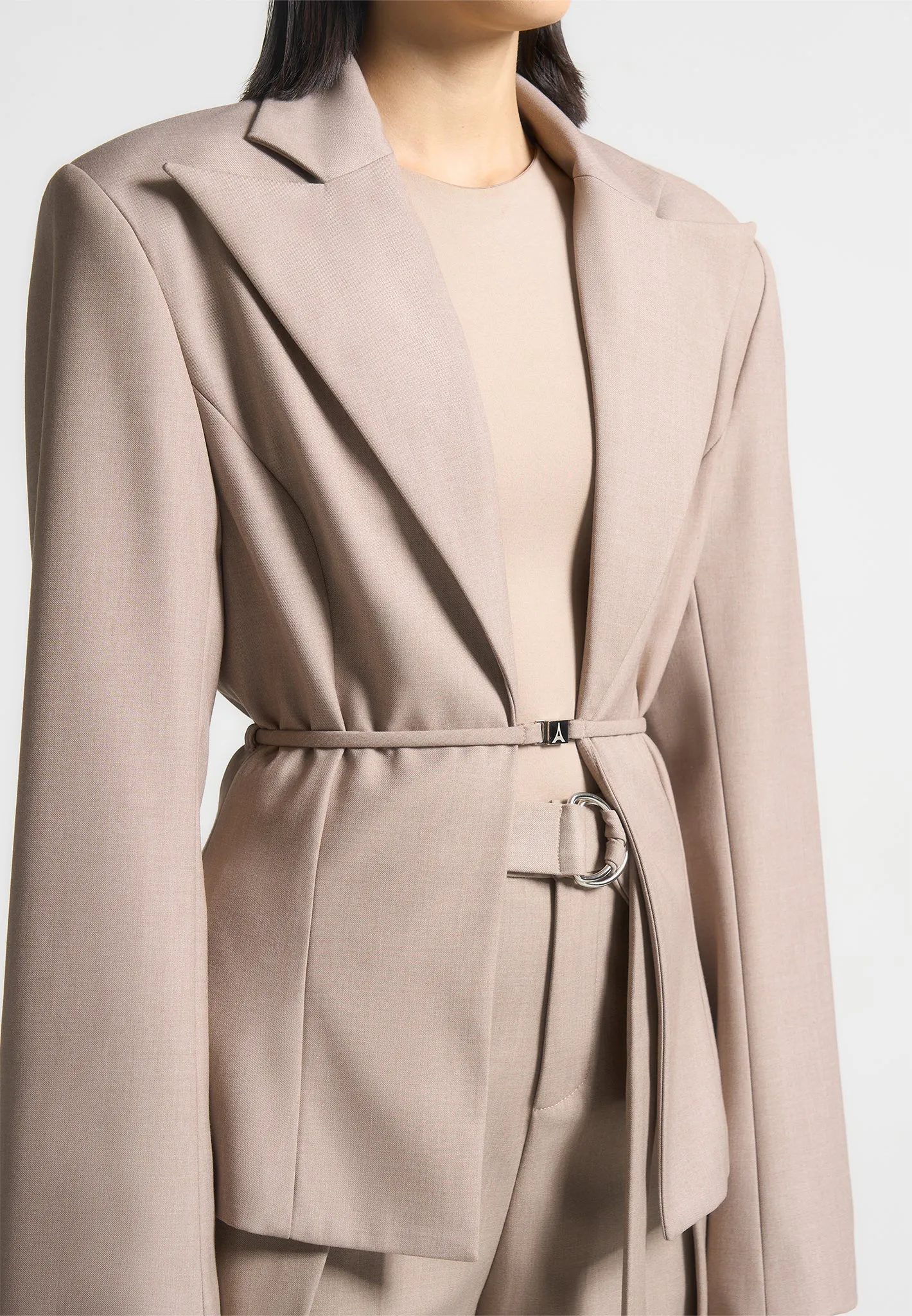 Wide Shoulder Tailored Blazer with Twin Belt - Taupe