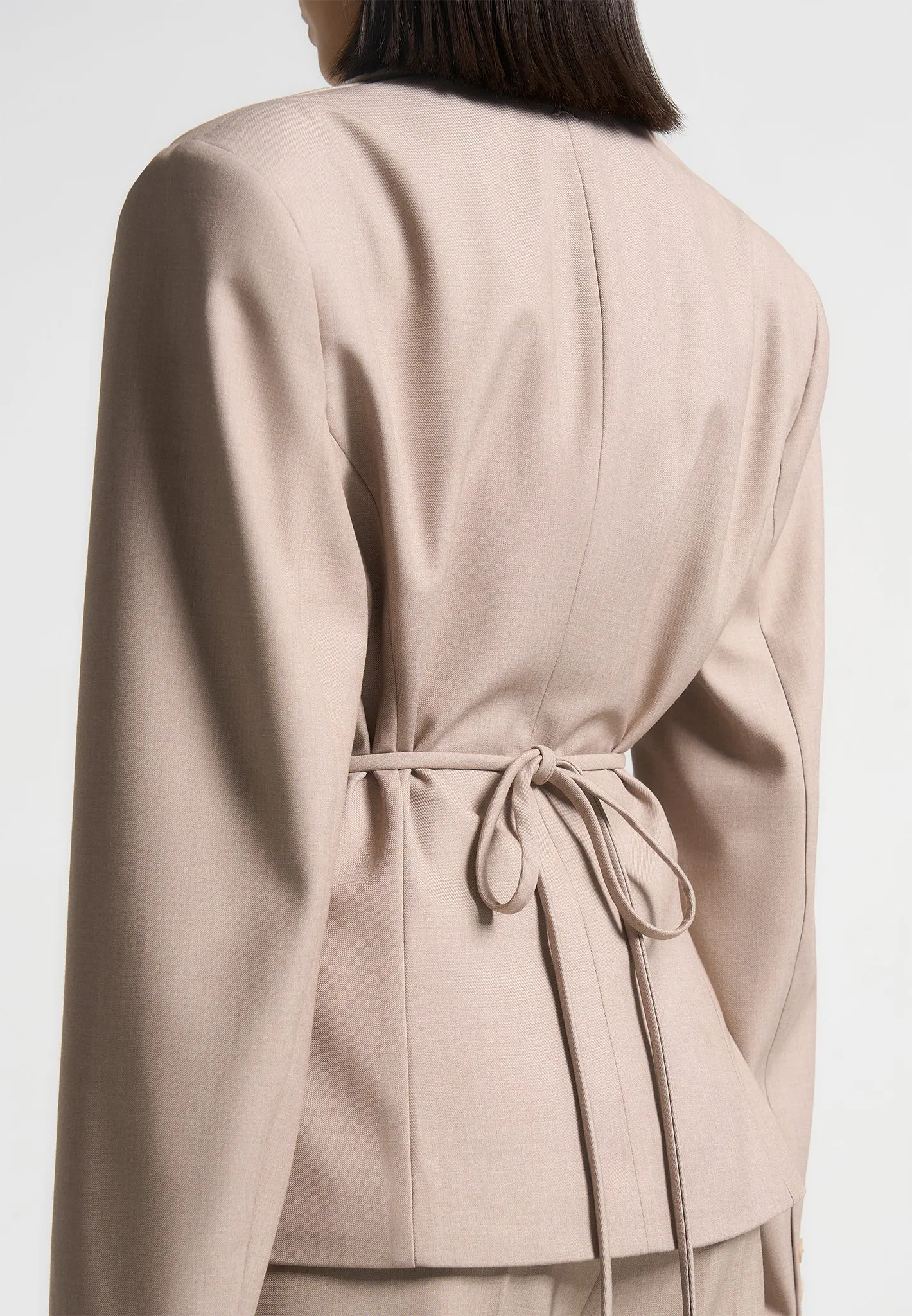 Wide Shoulder Tailored Blazer with Twin Belt - Taupe