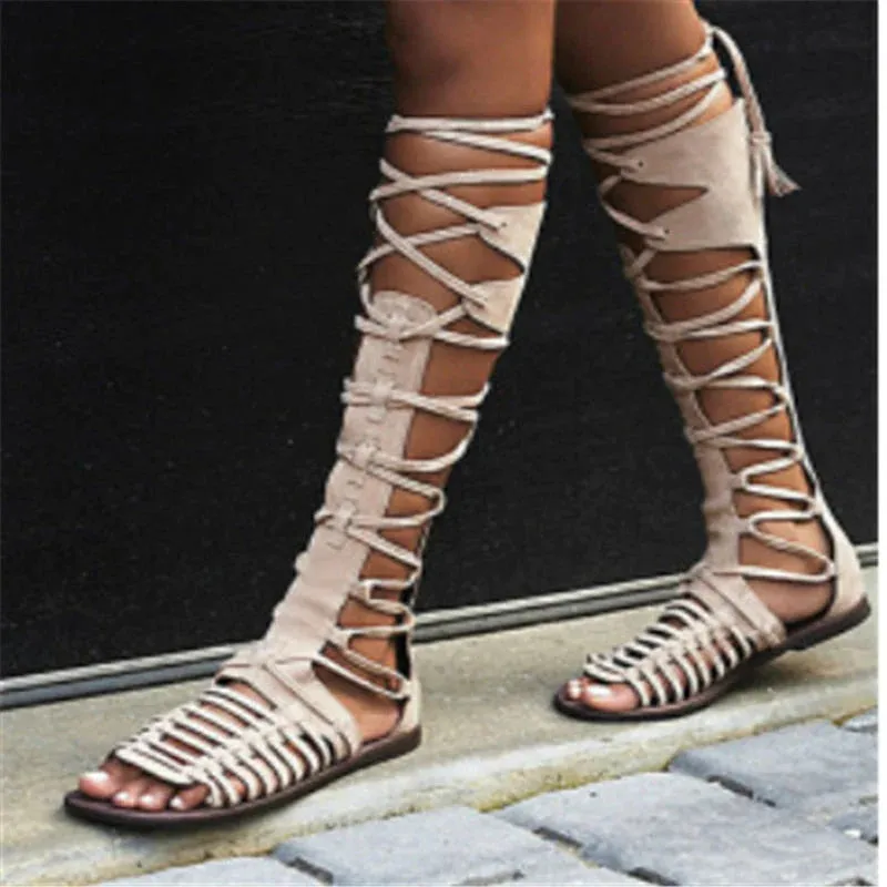 Women's Casual Round Toe Cross-tied Hollow Sandal Fringe Knee-high Flats