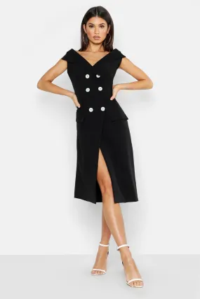 Woven Off The Shoulder Double Breasted Midi Blazer Dress