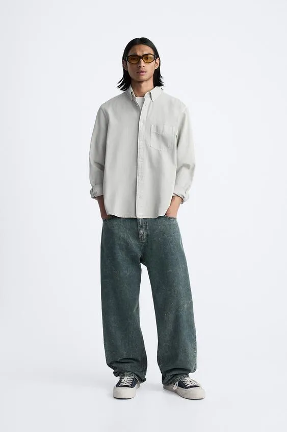 ZARA  |Denim Long Sleeves Plain Cotton Front Button Shirts