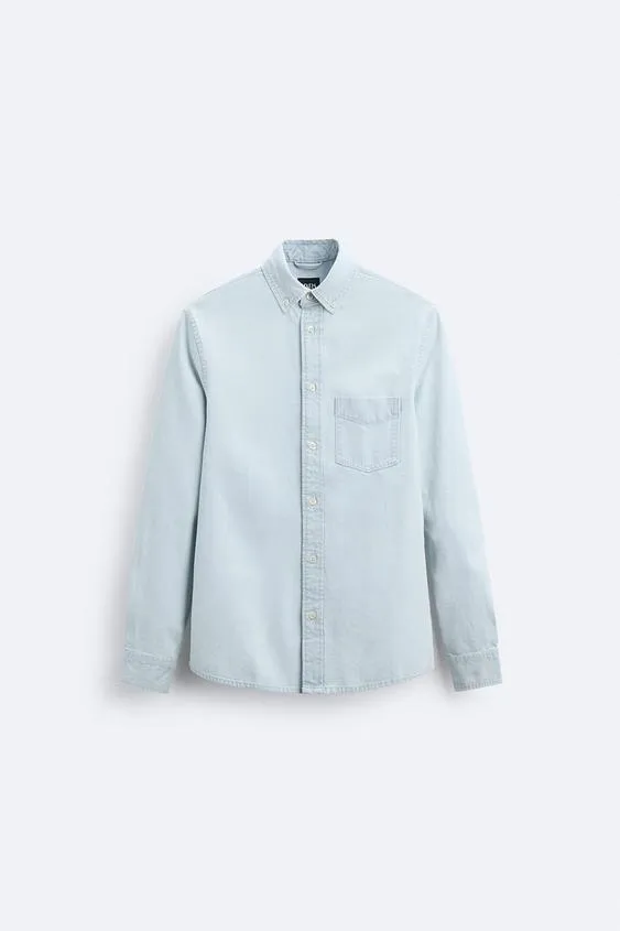 ZARA  |Denim Long Sleeves Plain Cotton Front Button Shirts