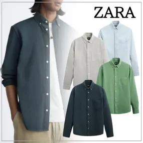 ZARA  |Denim Long Sleeves Plain Cotton Front Button Shirts